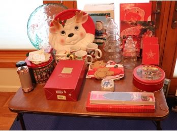 Christmas Collection Lenox Flutes, Spode Cake Knife, Serving Trays, Santa Cookie Jar & Candle Holder