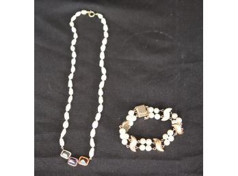 14K YG Double Strand Pearl Bracelet Plus 17' Freshwater Pearl Necklace With Colored Stones