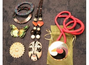 Vintage Jewelry, With Hand Painted Noh Mask Necklace, Harlequin Bird Pendant,