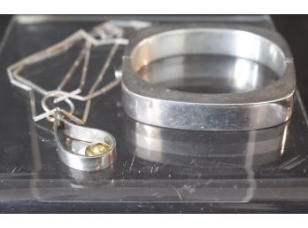 Sterling Silver Necklace With Teardrop Shaped Sterling Pendant & Mexico 925 Bracelet