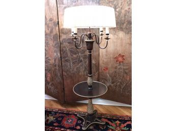 Stylish 1960s Era Wood & Brass Lamp Table With String Shade