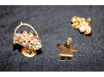 14K YG Filigree Basket Pendant With Semi Precious Stone Accents, Little Kid Charm & Tie Clip With Pearl