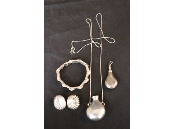 Sterling Silver Necklace With Sterling Flask, Small Sterling Fragrance Bottle And More
