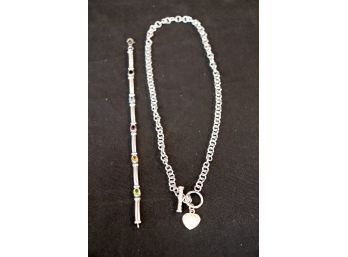 Sterling Silver Cable Bracelet With Topaz & Sterling Necklace With Heart Pendant