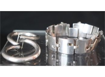 Sterling Silver Bracelet Stamped N.E. From, Denmark & Sterling Silver Hoop Earrings