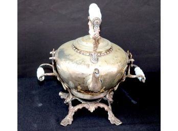 Vintage Silver Color Metal Teapot On Stand With Opaline Glass Handles