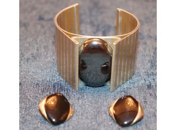 Vintage Metal Cuff Bangle Bracelet With Stone Center