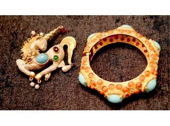 Two Pieces Of Blingy Costume Jewelry Stamped KJL - Unicorn Pin & Bangle Bracelet