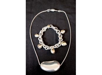 Sterling Silver Necklace With Bean Pendant & Italy Charm Bracelet With Gold Ball Charms