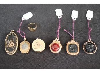 Antique Mixed Lot Of Pendants (charms, Lockets, Compass, Enamel And Glass)