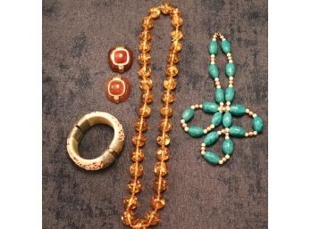 Lot Of Vintage Jewelry With Amber Necklace, Turquoise & Pearl Necklace & Carved Bangle