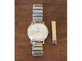 14K YG Vintage Elgin Mens Watch With Stainless Flex Band, Manual Wind Plus 14K YG Tie Clasp