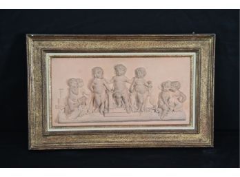 Lovely Terra Cotta Bas Relief Wall Plaque Of Cherubs In Custom Gold Frame