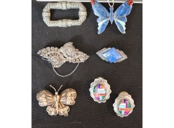 .Lot Of 6 Sterling Silver Jewelry Pieces With Butterfly Pins, Marcasite Pins & Native American Earrings