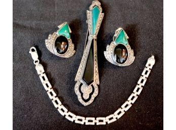 Art Deco Style Marcasite & Sterling Ensemble & Sterling Silver Link Bracelet