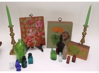 Vintage Apothecary Bottles & Pair Of Brass Candlesticks