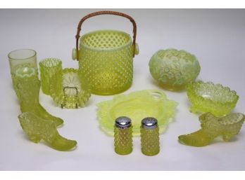 Vintage Colored Glass Includes Ice Bucket, Glasses, Shoes, Salt & Pepper