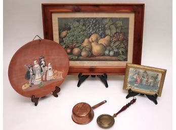 Vintage Collection Includes Small Copper Measuring Cup, Small Brass Warmer & Embossed Wall Plates