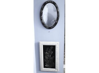 Vintage Mother Of Pearl Lacquered Oval Design Wall Mirror Age & Floral Still Life Painted On Board