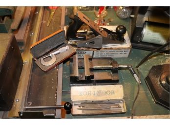 Vintage Brown And Sharpe Micrometer With Case, Dunlap Wood Plane, And Vice