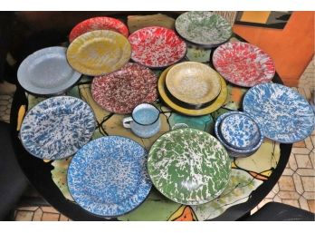 Assorted Lot Of Metal Splatterware Plates And Bowls