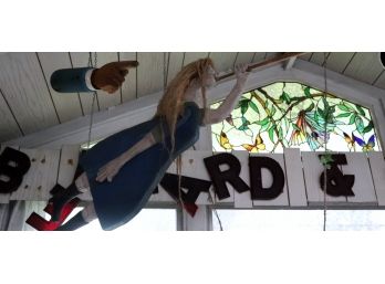 Long Decorative Carved Wood Woman With Bugle And Carved Hand Pointing Finger