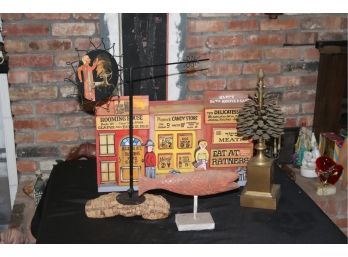 Original Harry Glaubach 1984 Hand Painted Folk Art Wood Sign, Brass Lamp Piece & Carved Fish Piece