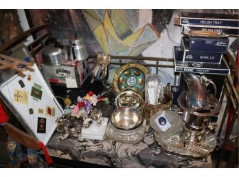 Mixed Lot Of Assorted Pots, Silver Plate, Japanese Tea Kettle, Columbia Weighted Sterling Candlesticks & Mo