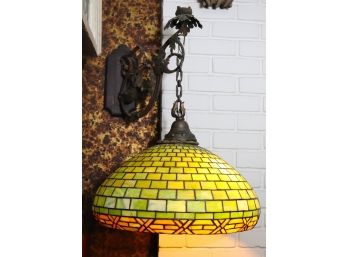 Gorgeous Hanging Vintage Slag Glass Chandelier With Ornate Hanging Swivel Arm Bracket