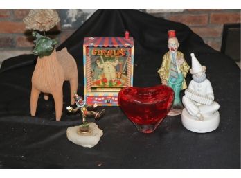 Fun Clown Items Includes Capodimonte Clown Figurine, Signed Figure By Ron 79 & Dancing Clown Box
