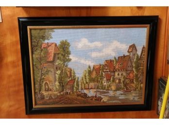 Framed Needlepoint Point Artwork Small Village Landscape