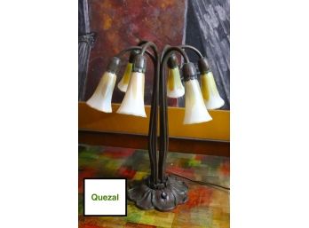 Vintage Quezal Lamp Shades And Lamp With 6 Tulip Shades With Gold Leaf Detail, Needs To Be Rewired