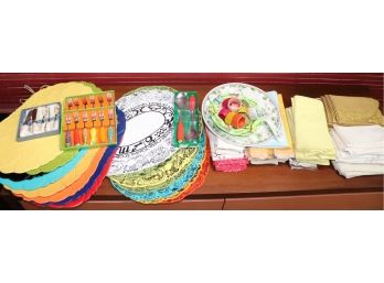 Mixed Lot Of Assorted Place Mats, Napkins, Vegetable Fork Set, & Napkin Rings