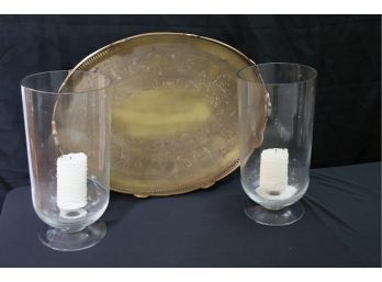 Quality Engraved Brass Serving Tray With A Pierced Gallerie Rail Includes 2 Large Glass Hurricanes