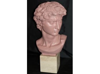 Large Painted Metal Bust Of  Michelangelos David On A Marble Platform
