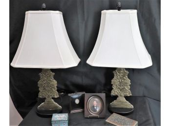 Pair Of Vintage Lamps, 2 Small Antique Frames & Small Enamel Asian Box