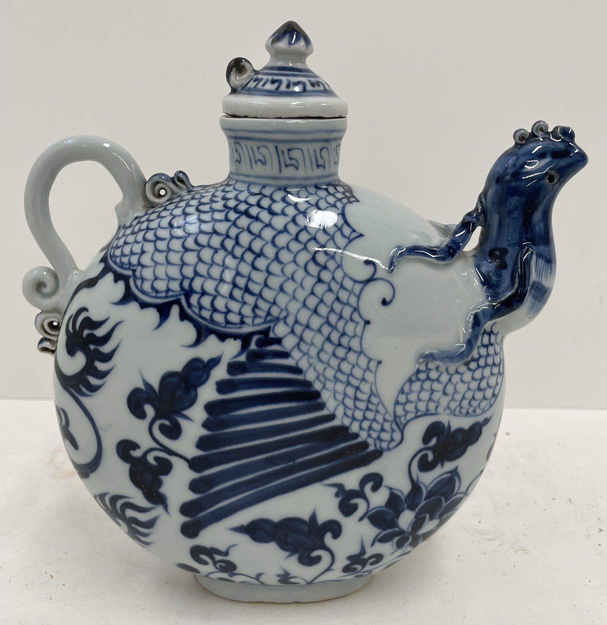 Vintage Chinese Blue & White Porcelain Phoenix Head Moon Flask Ewer ...