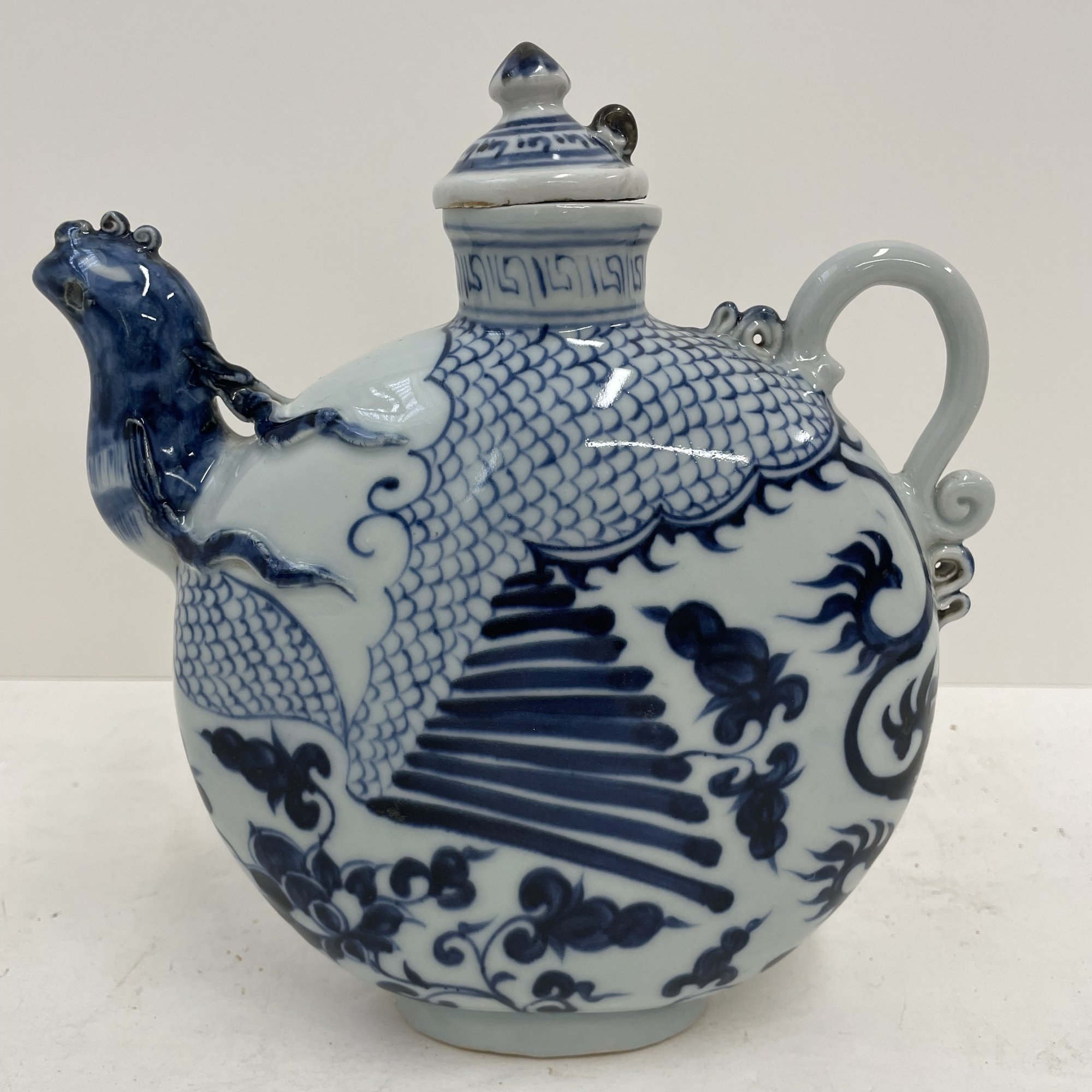 Vintage Chinese Blue & White Porcelain Phoenix Head Moon Flask Ewer ...