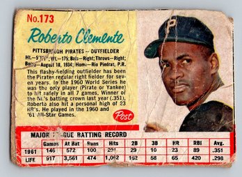 1962 POST CEREAL Roberto Clemente Baseball Card - Poor