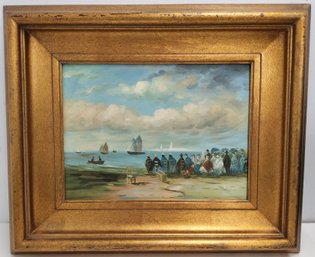 Vintage Oil On Canvas Impressionist Beach Scene Painting