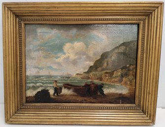 Antique Oil On Wood Fisherman On The Shore Scene Painting