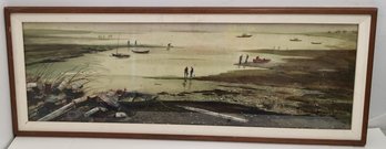 LARGE Vintage Panoramic Landscape Watercolor Shoreline Painting By Robert E. Driscoll