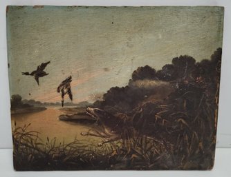 Small Antique Oil Painting On Wood Panel Of Duck Hunting