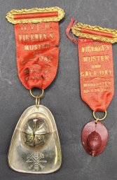 (2) Antique Worcester Veteran Firemen's Muster & Gala Day Commemorative Medal Badge Lot