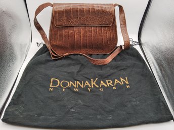 Vintage Donna Karan Signature Collection Brown Crocodile Embossed Leather Crossbody Bag With Dust Bag