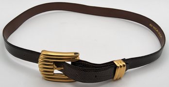 Vintage Jeff Deegan Designs Brown Lizard Skin Belt With Removable Gold-Tone Nickel Buckle