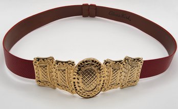 1980s Alexis Kirk Red Statement Belt With Ornate Gold-Tone Metal Buckle