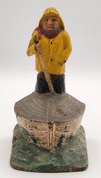 Antique Cast Iron 'Cap'n Eri' Or 'Old Salt' Fisherman And Boat Doorstop