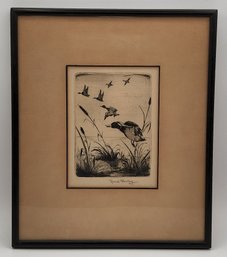 Vintage Black & White Etching Of Mallard Ducks Taking Flight By Fred Farley