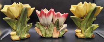 (3) Vintage Nelson McCoy Pottery Double Tulip Or Crocus Vase Lot